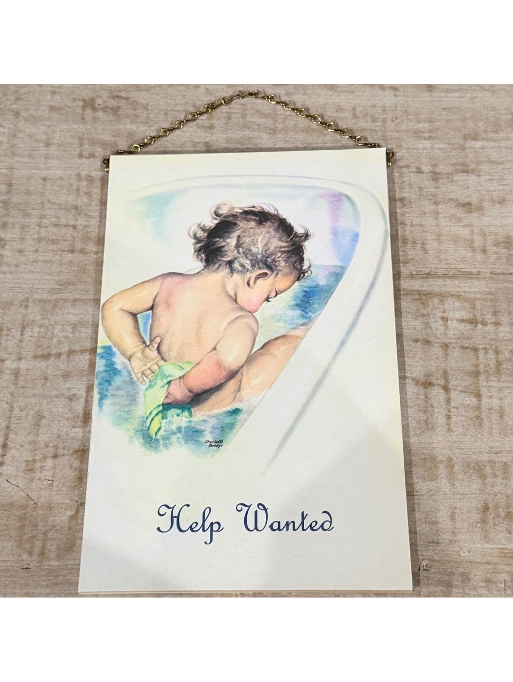 Vintage Charlotte Becker “Help Wanted” Baby Bath Nursery Wall Plaque 9x16